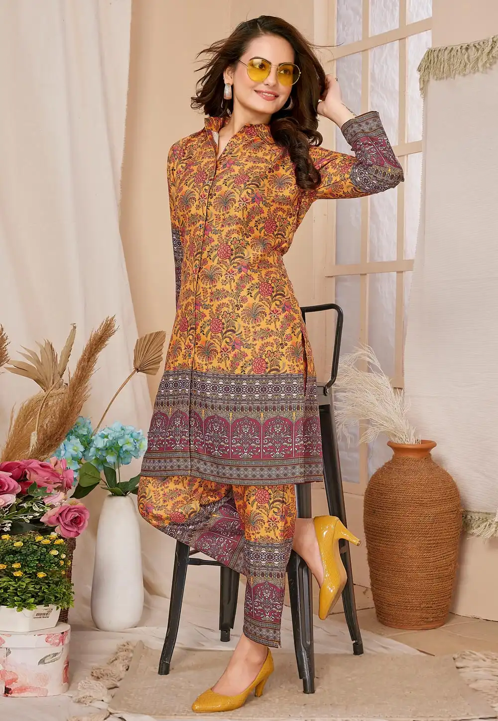 Golden Rayon Printed Co-Ords Set 292426