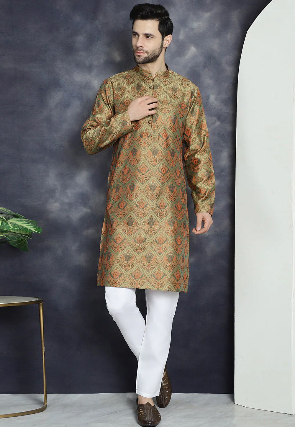 Golden Silk Cotton Kurta Pajama 287503