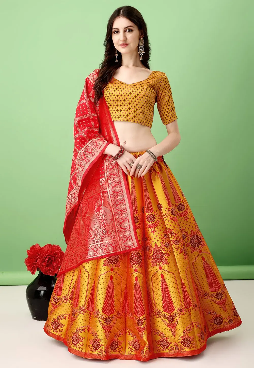 Golden Silk Jacquard Circular Lehenga Choli 297421