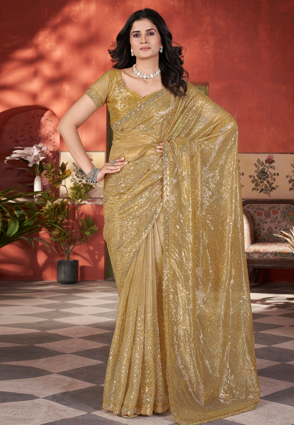 Golden Tissue Sequence Saree 309832