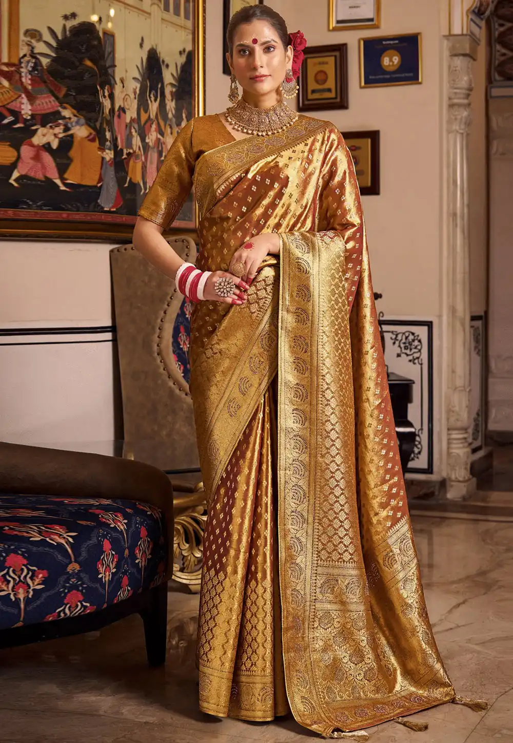 Golden Tissue Silk Saree With Blouse 290012