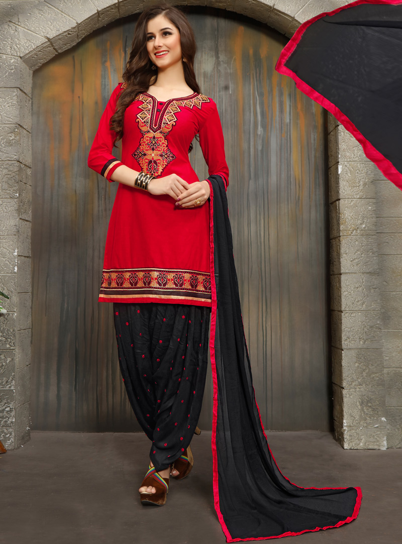 Red Cambric Cotton Patiala Suit 94976