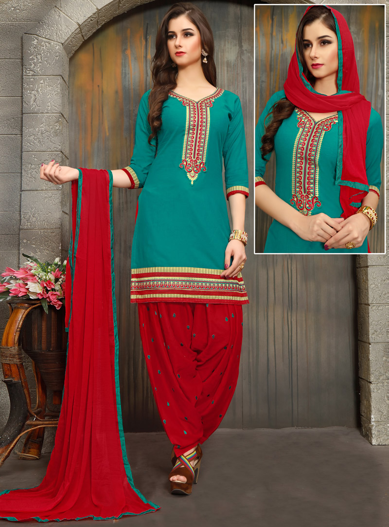 Teal Cambric Cotton Patiala Suit 94982