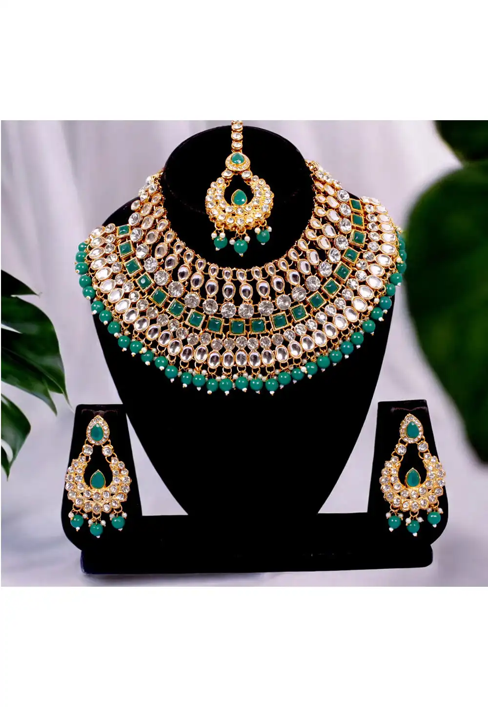 Green Alloy Austrian Diamonds and Kundan Necklace Set With Earrings and Maang Tikka 292899