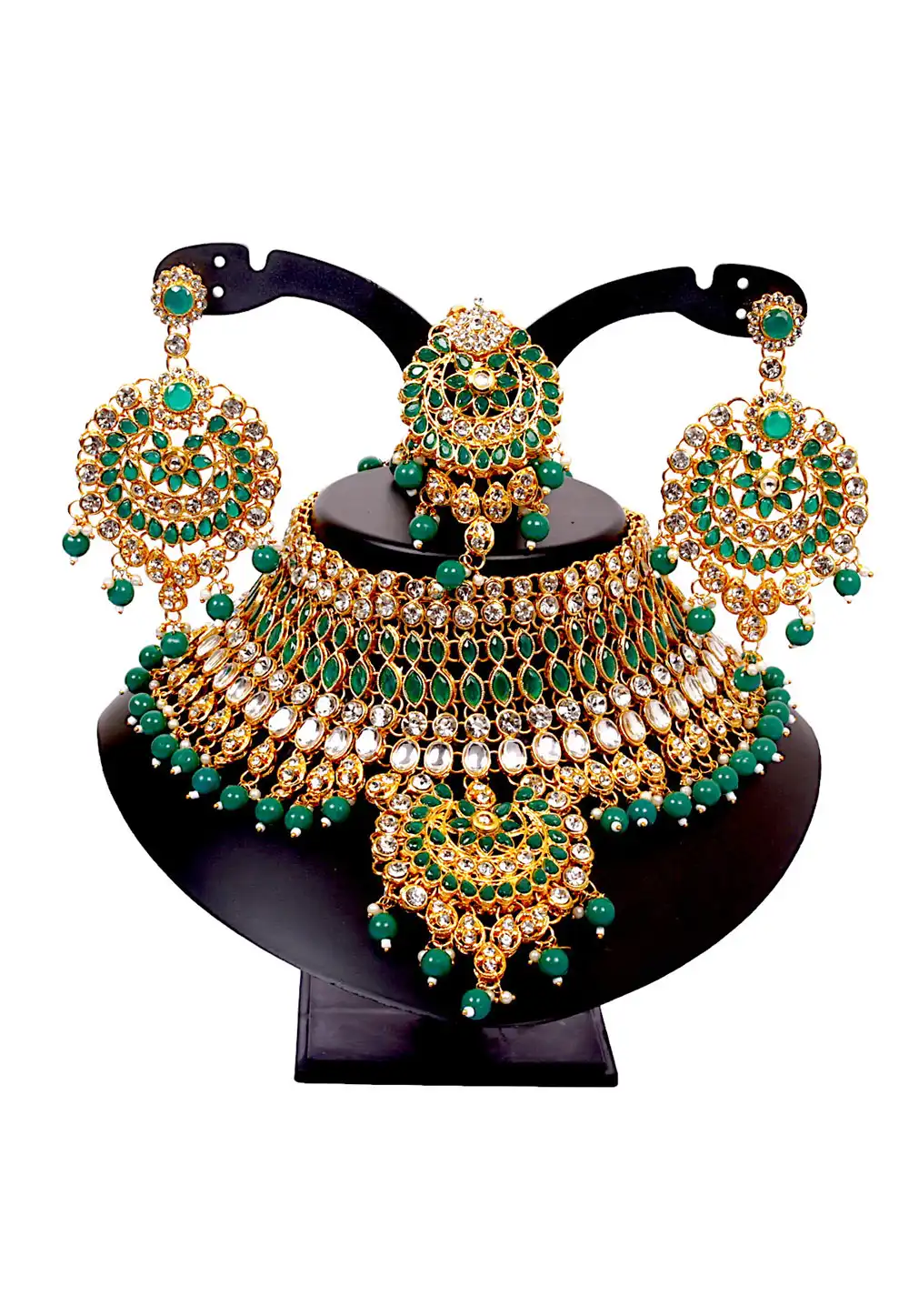 Green Alloy Austrian Diamonds and Kundan Necklace Set With Earrings and Maang Tikka 292912