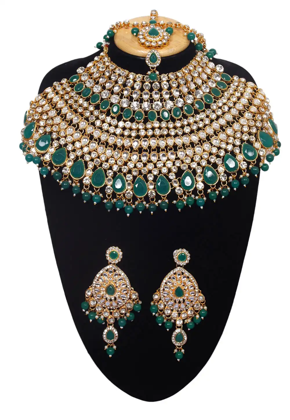 Green Alloy Austrian Diamonds and Kundan Necklace Set With Earrings and Maang Tikka 292922