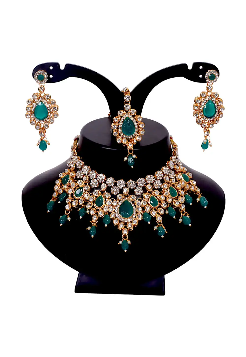 Green Alloy Austrian Diamonds and Kundan Necklace Set With Earrings and Maang Tikka 292950