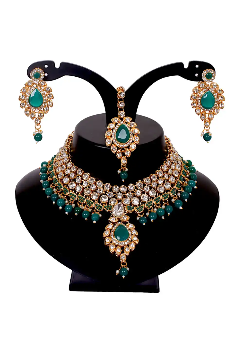 Green Alloy Austrian Diamonds and Kundan Necklace Set With Earrings and Maang Tikka 292952