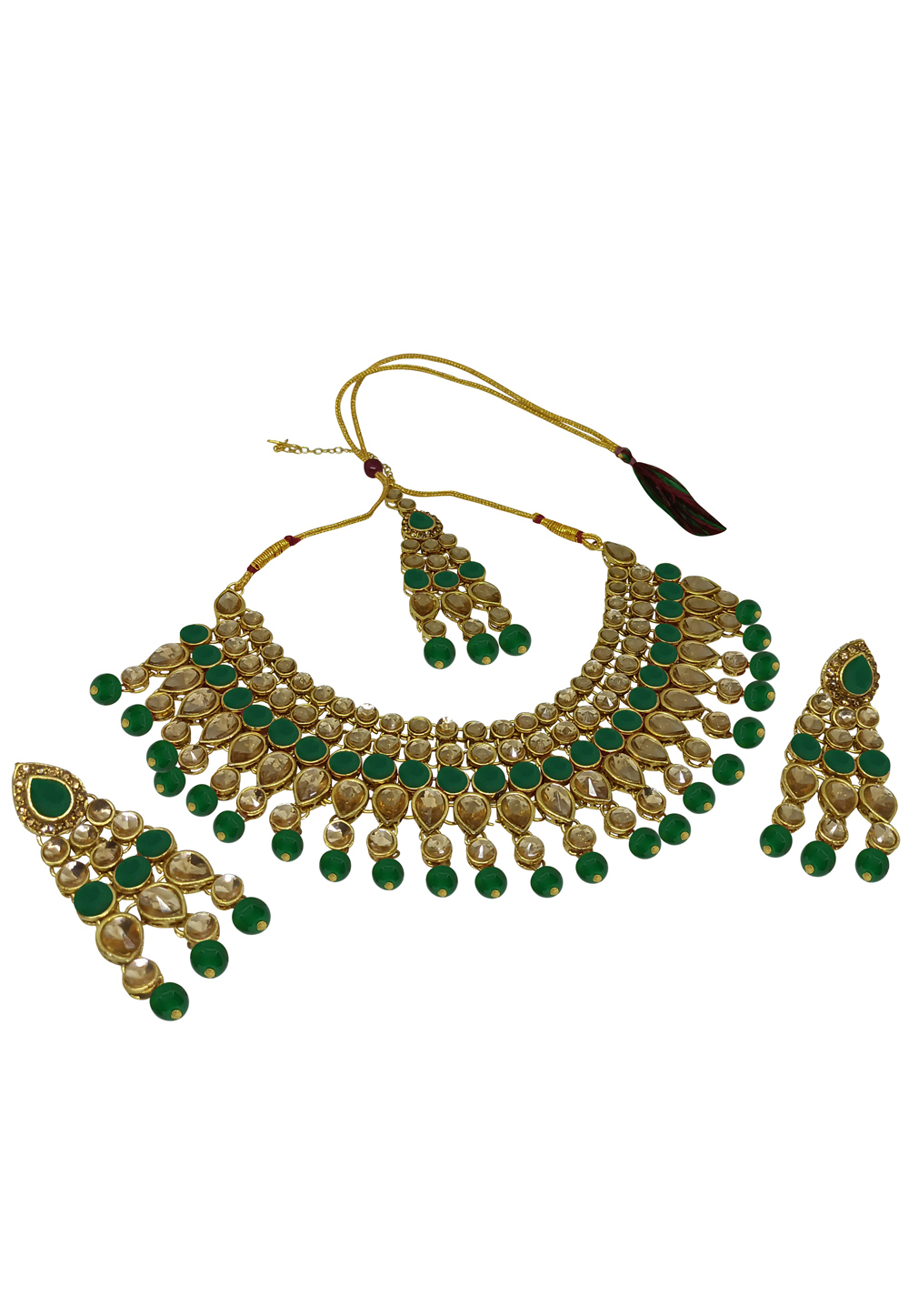 Green Alloy Austrian Diamonds and Kundan Necklace Set With Earrings and Maang Tikka 280095