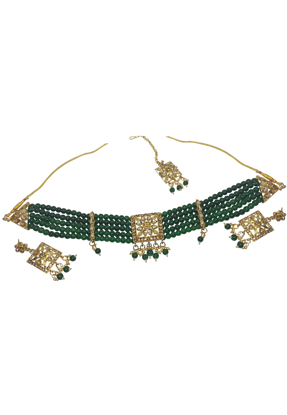 Green Alloy Austrian Diamonds and Kundan Necklace Set With Earrings and Maang Tikka 280109