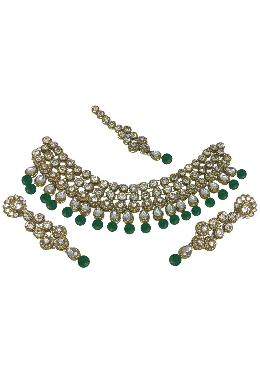 Green Alloy Austrian Diamonds and Kundan Necklace Set With Earrings and Maang Tikka 280118