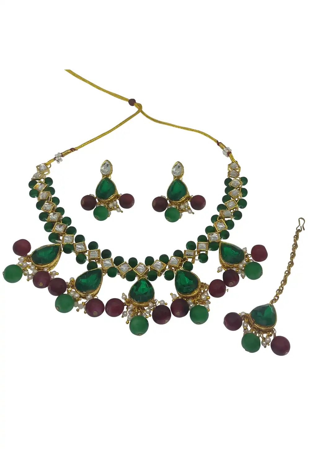 Green Alloy Austrian Diamonds and Kundan Necklace Set With Earrings and Maang Tikka 289926