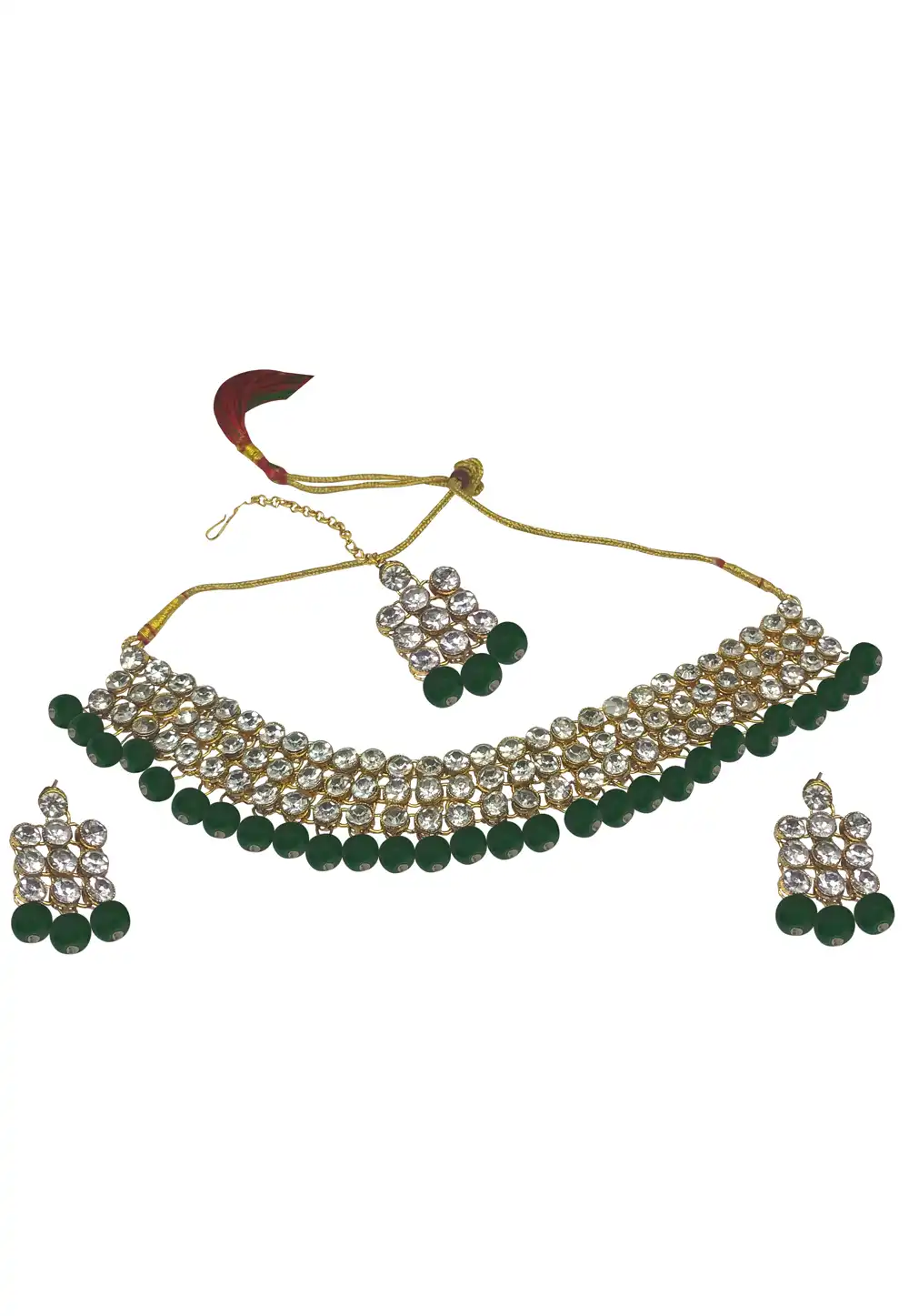 Green Alloy Austrian Diamonds and Kundan Necklace Set With Earrings and Maang Tikka 289937