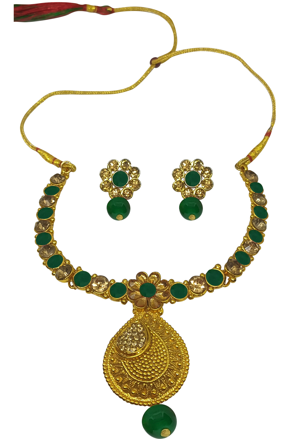 Green Alloy Austrian Diamonds and Kundan Necklace With Earrings 280105