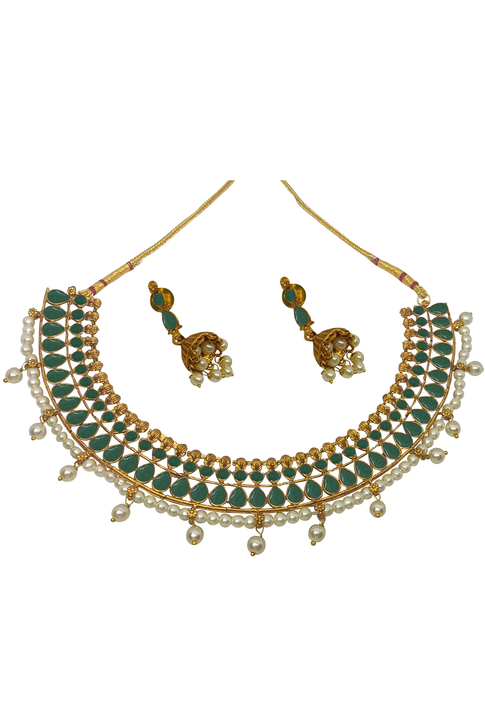 Green Alloy Austrian Diamonds and Kundan Necklace With Earrings 280112