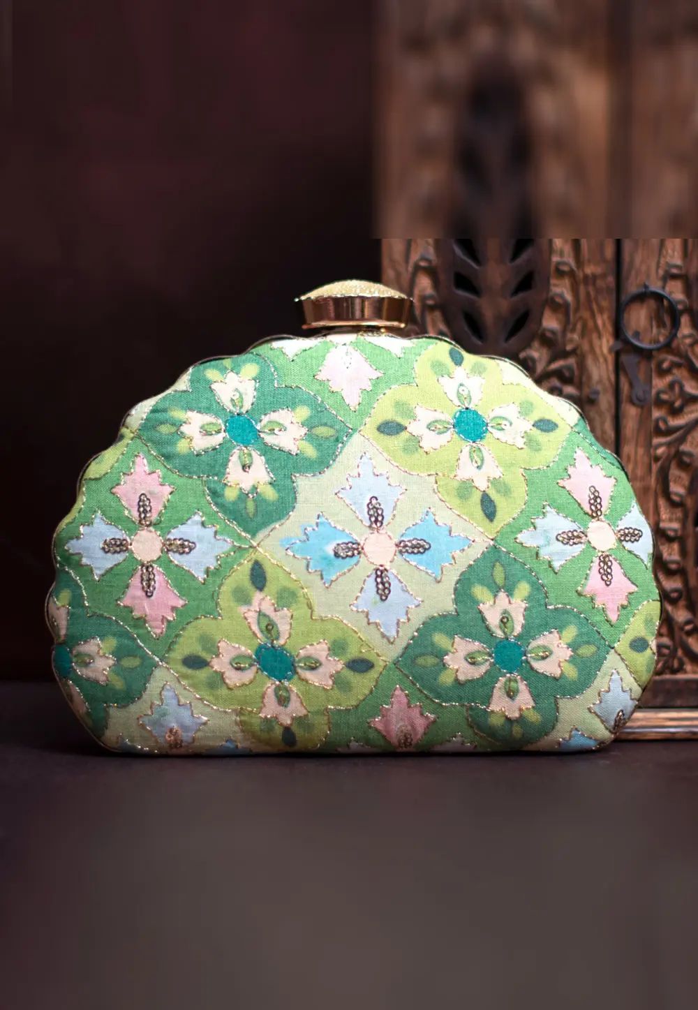 Green Art Silk Clutch 299553