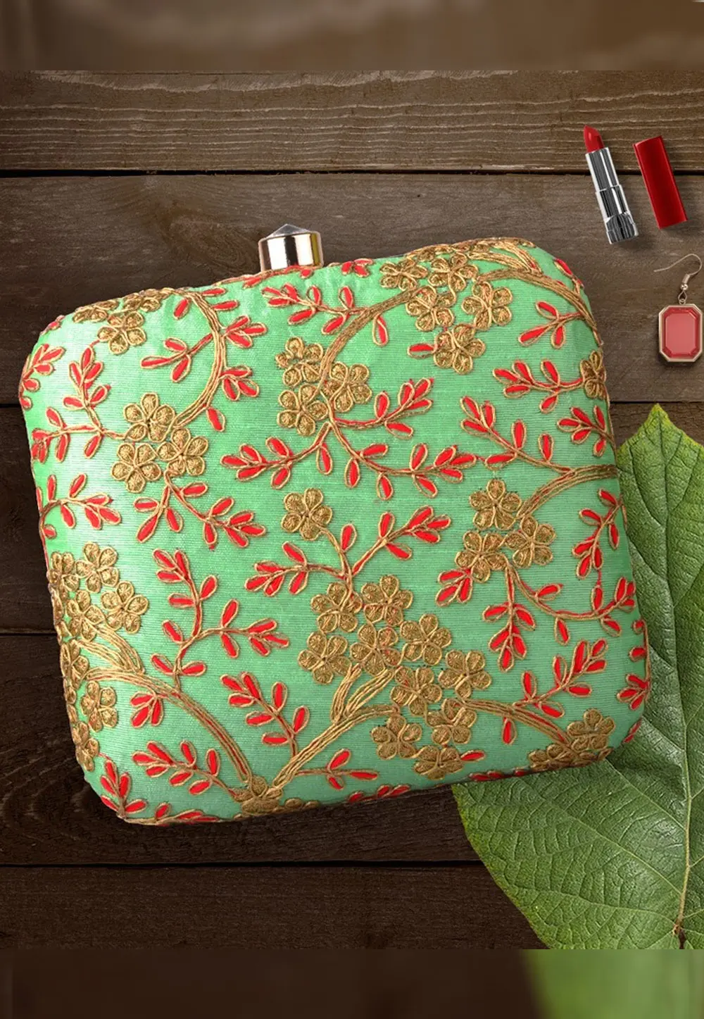 Green Art Silk Clutch 300415