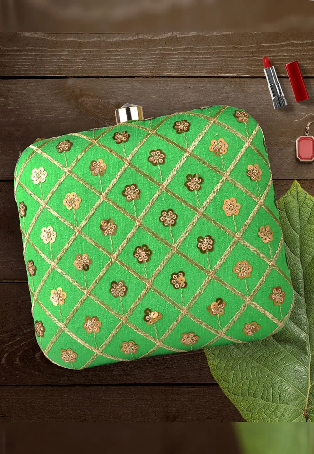 Green Art Silk Clutch 300417