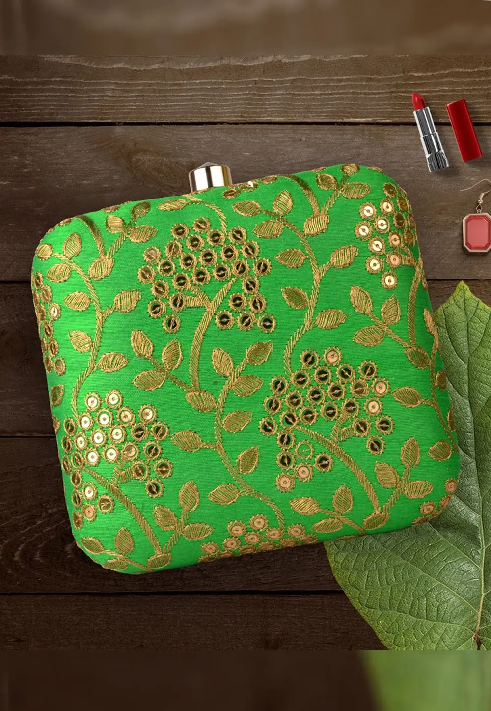 Green Art Silk Clutch 300433