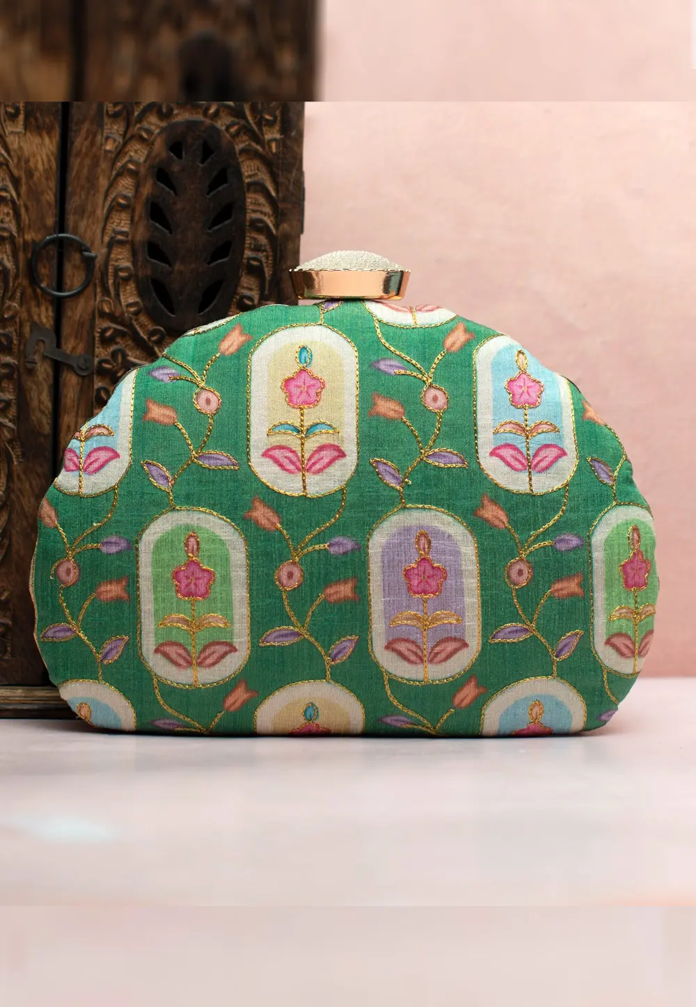 Green Art Silk Clutch 300634