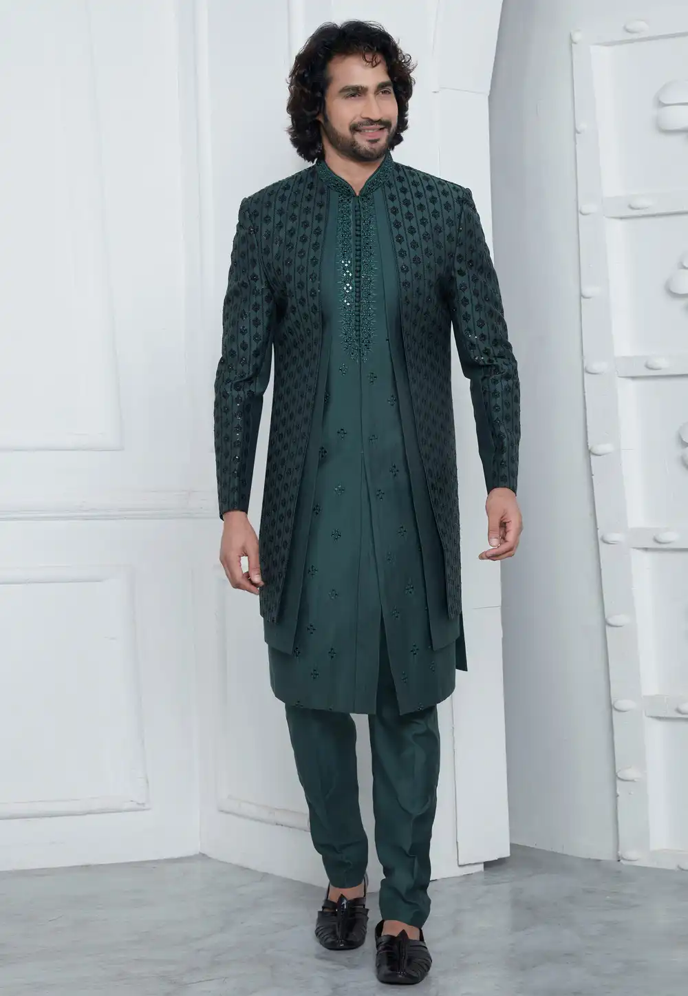 Green Art Silk Indo Western Suit 291286