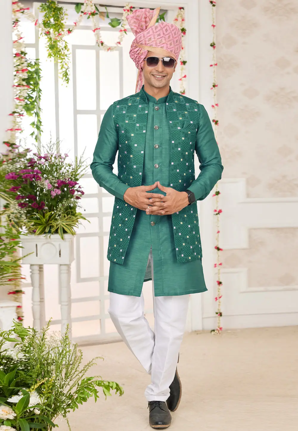 Green Art Silk Indo Western Suit 295252