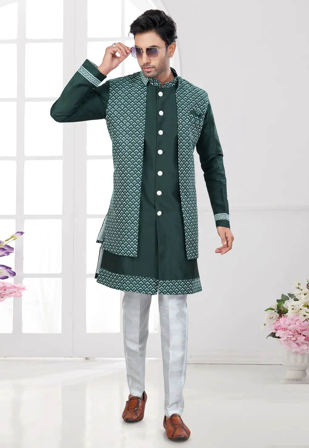 Green Art Silk Indo Western Suit 294523