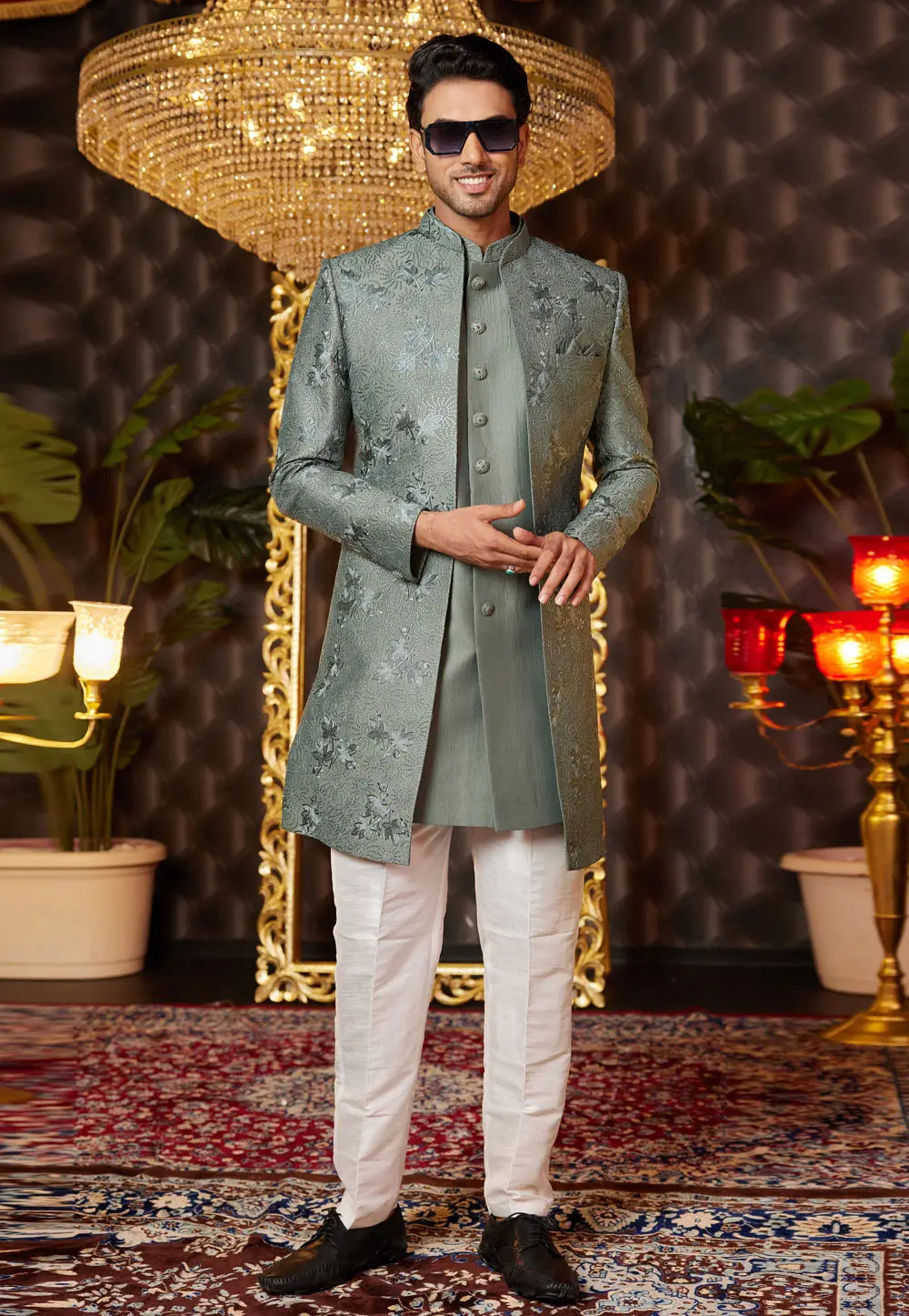 Green Art Silk Jacket Style Sherwani 299192