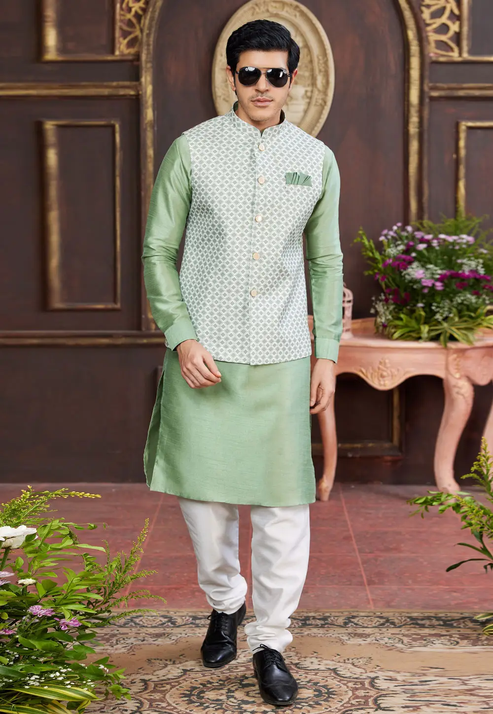 Green Art Silk Kurta Pajama With Jacket 295233