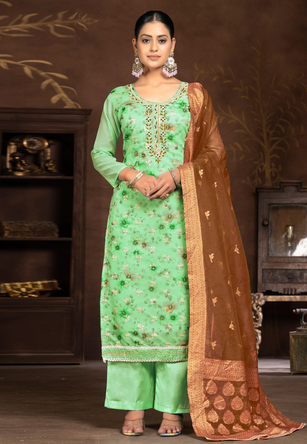 Green Art Silk Palazzo Suit 281053