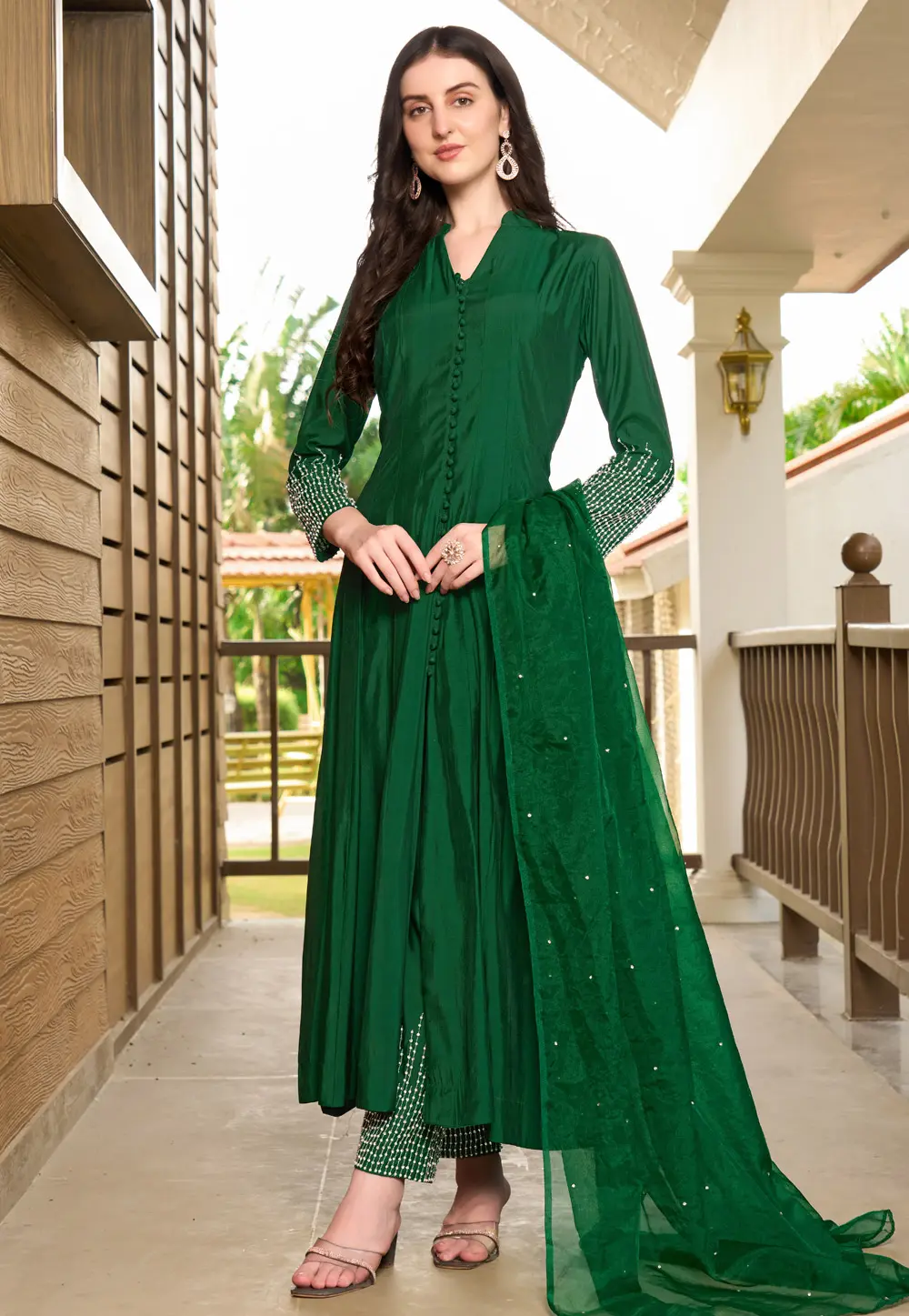 Green Art Silk Readymade Anarkali Suit 300596