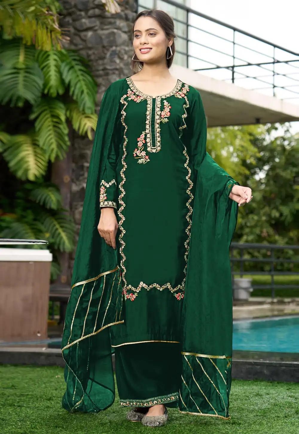 Green Art Silk Readymade Pakistani Suit 293350