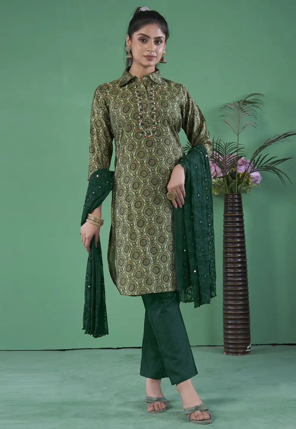 Green Art Silk Readymade Pakistani Suit 290752