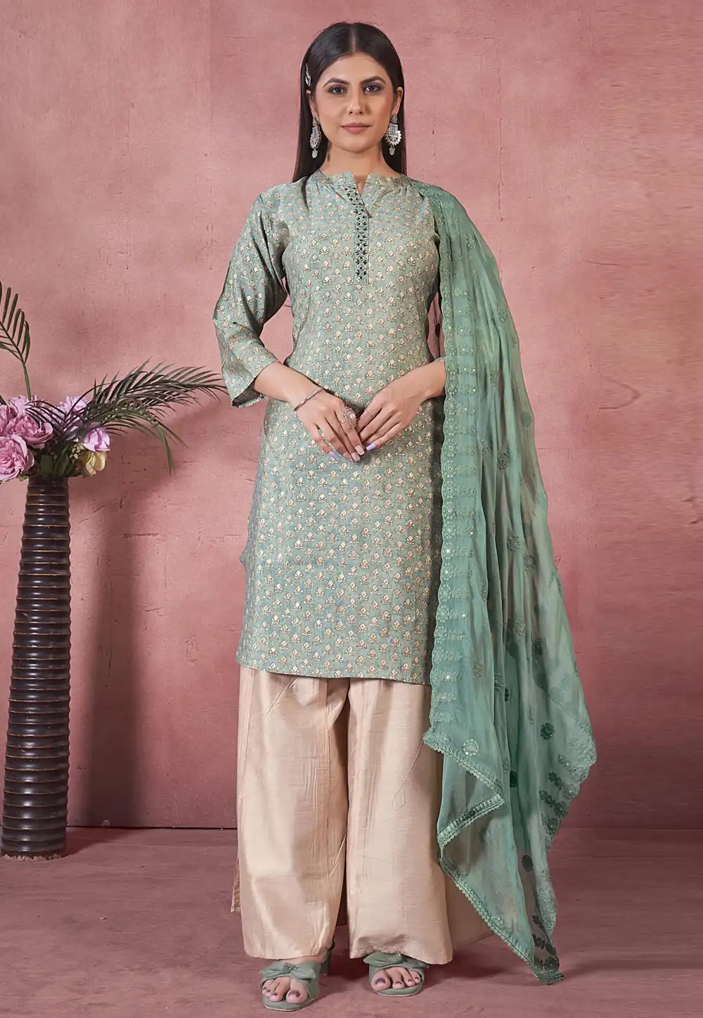 Green Art Silk Readymade Palazzo Suit 293476