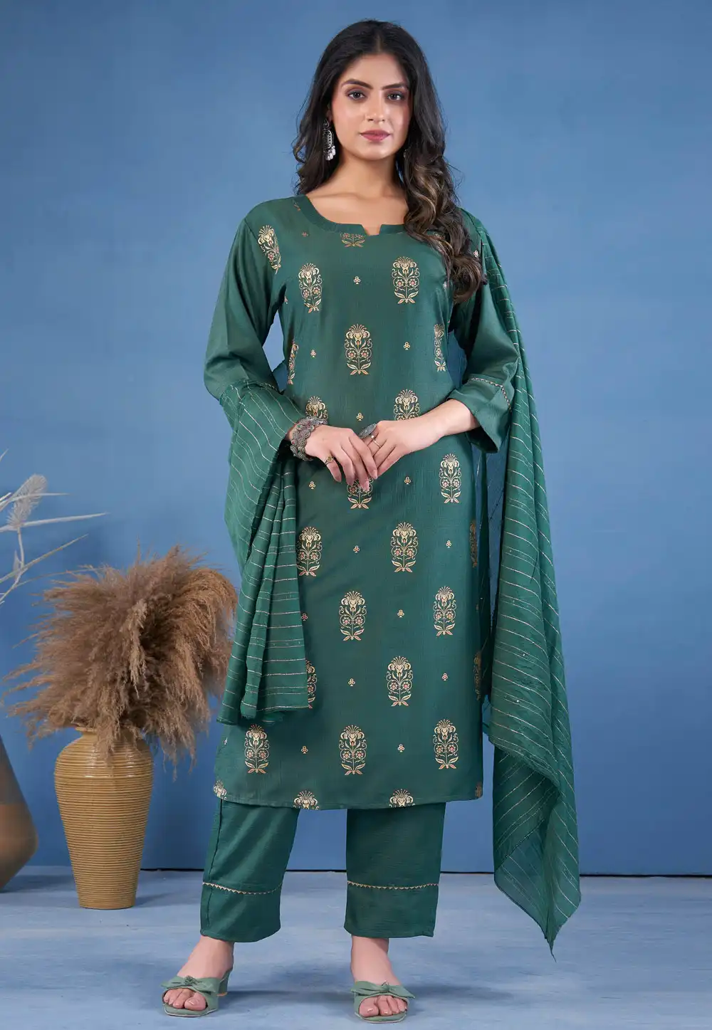 Green Art Silk Readymade Pant Style Suit 293996