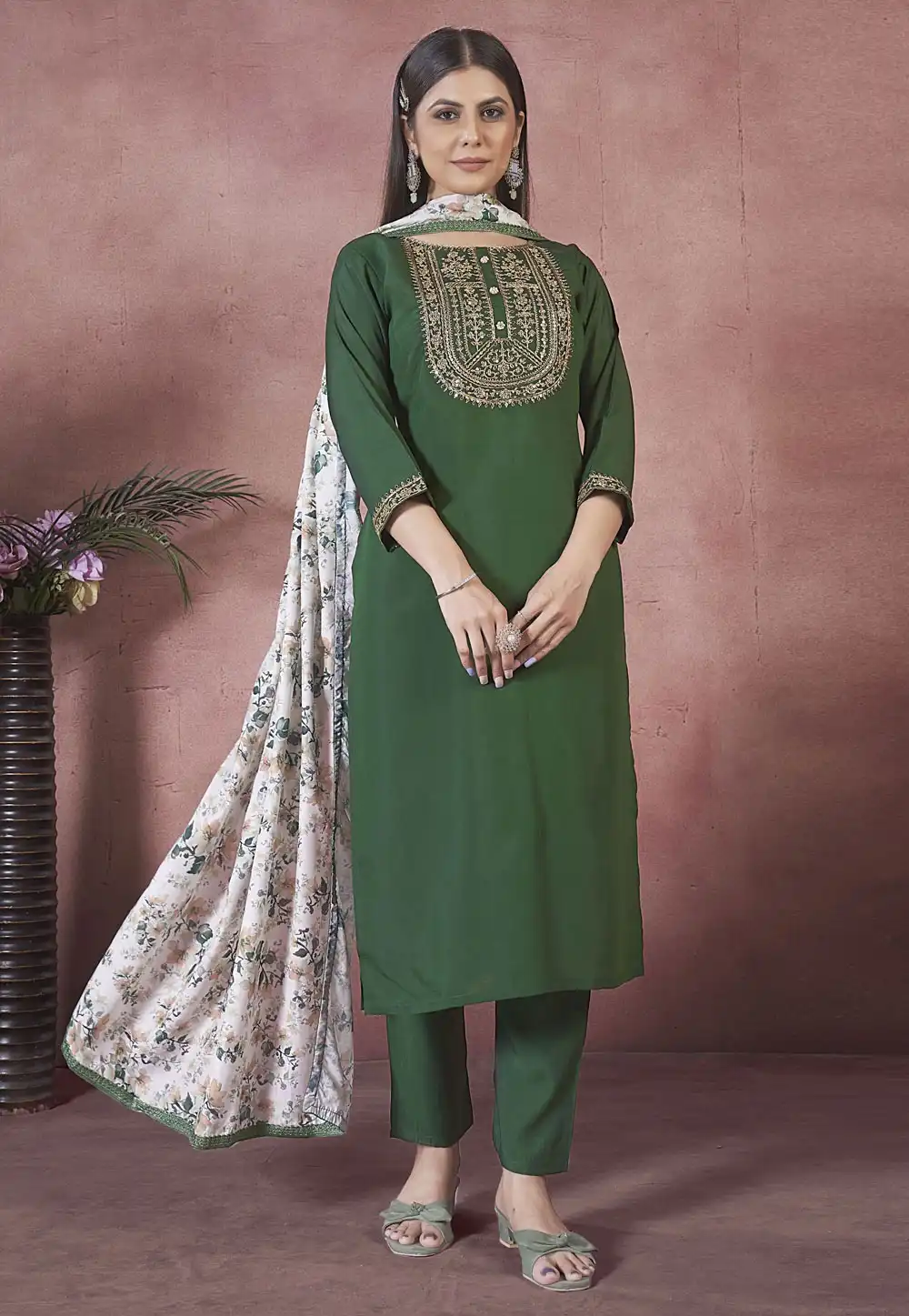 Green Art Silk Readymade Pant Style Suit 290753