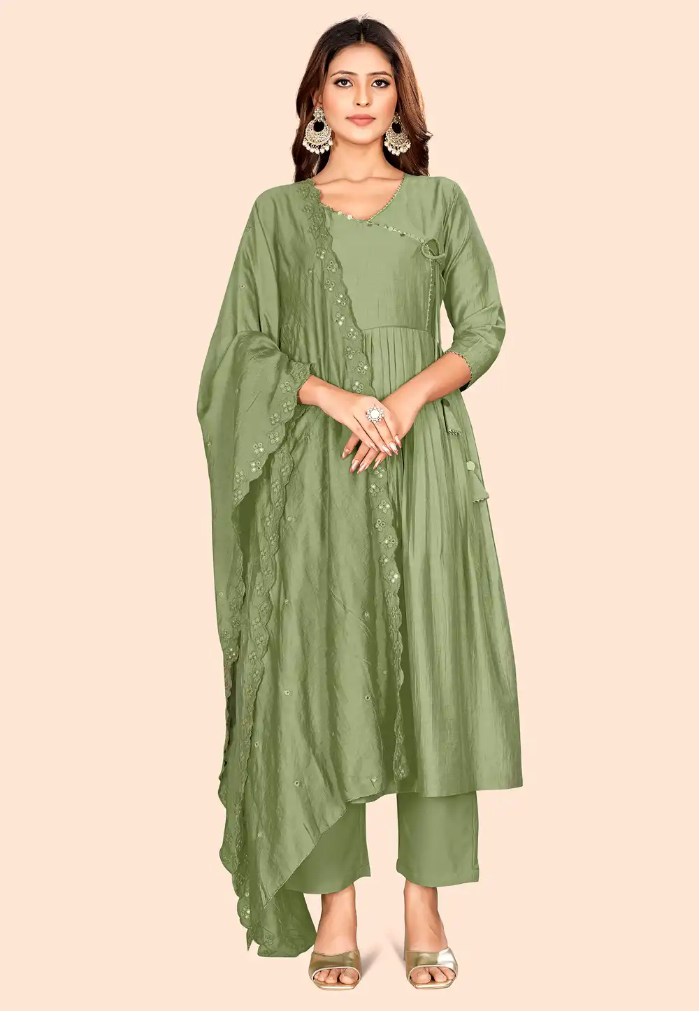 Green Art Silk Readymade Pant Style Suit 288368