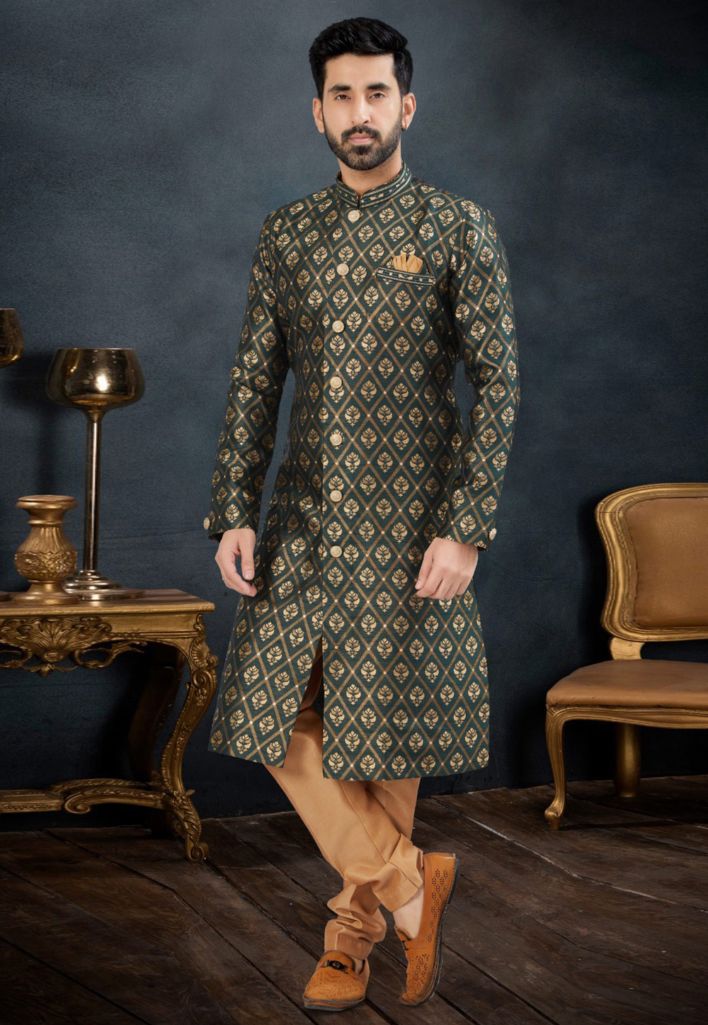 Green Banarasi Jacquard Indo Western Suit 282508