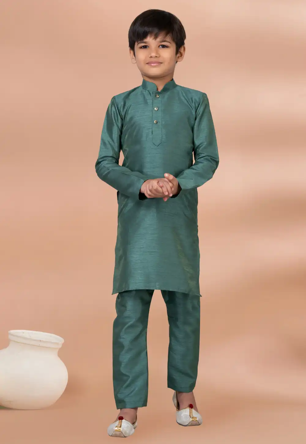 Green Banarasi Kids Kurta Pajama 288678