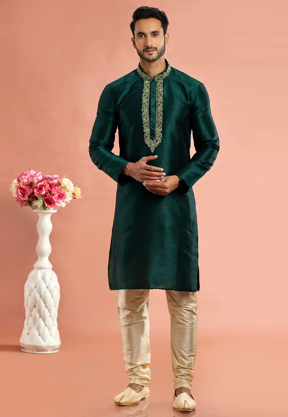 Green Banarasi Kurta Pajama 297521