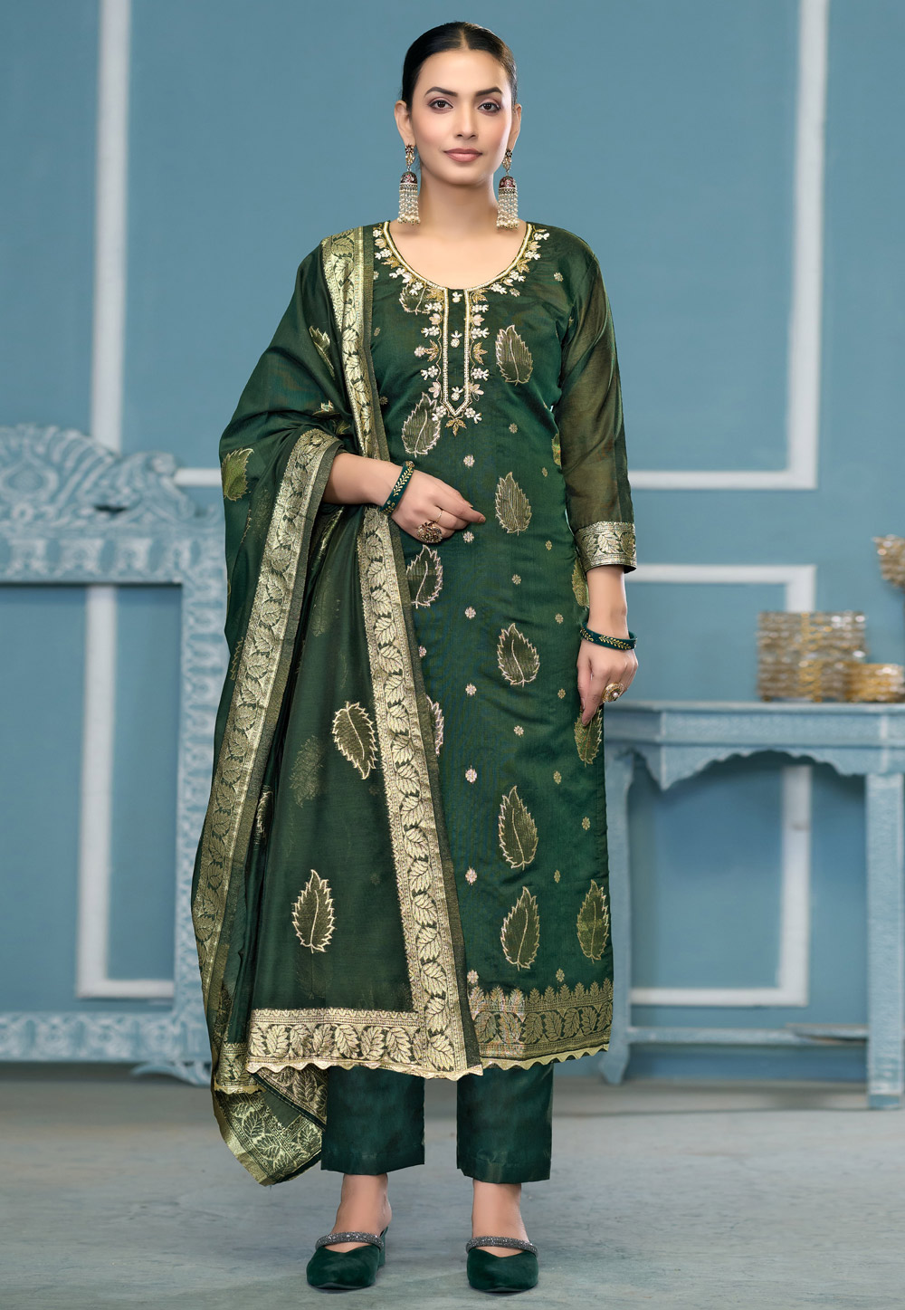 Green Banarasi Pant Style Suit 306831