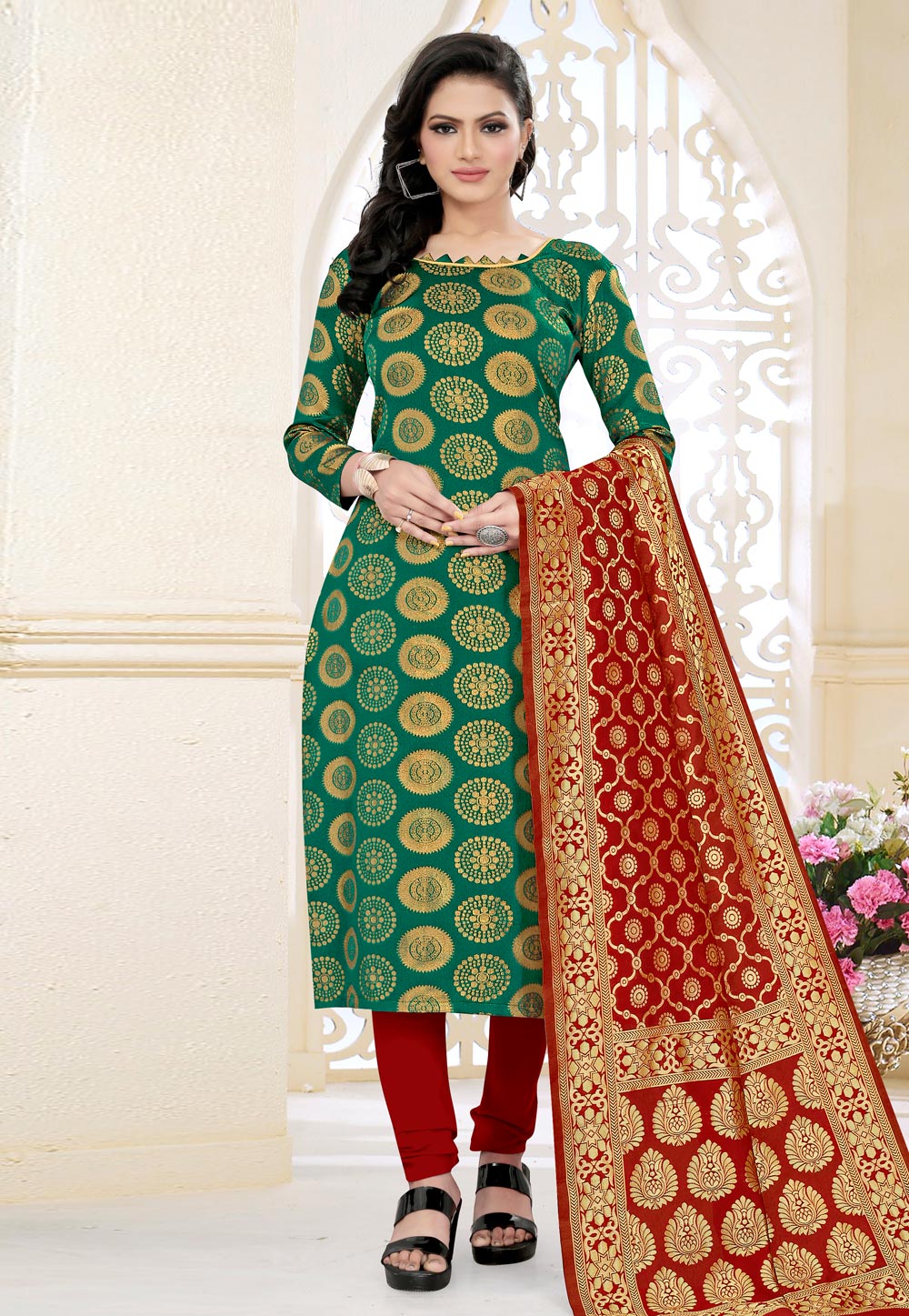 Green Banarasi Silk Churidar Suit 278413