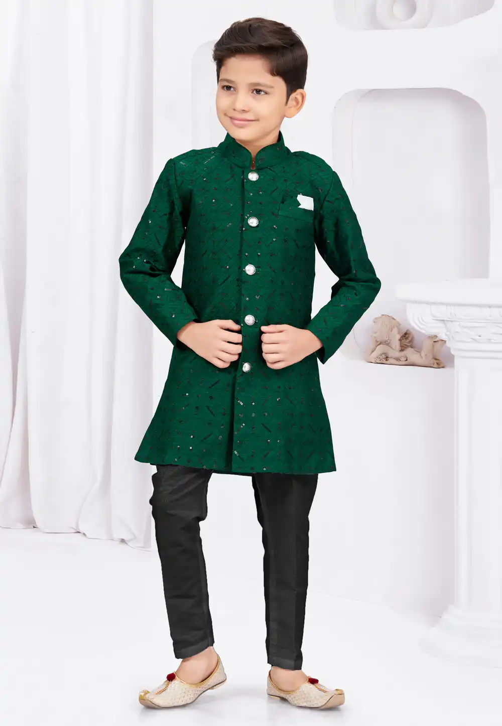 Green Banarasi Silk Kids Indo Western Sherwani 294979