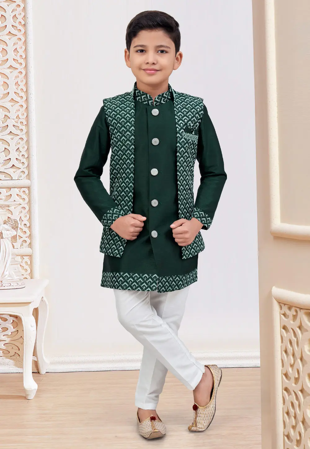 Green Banarasi Silk Kids Indo Western Suit 301325