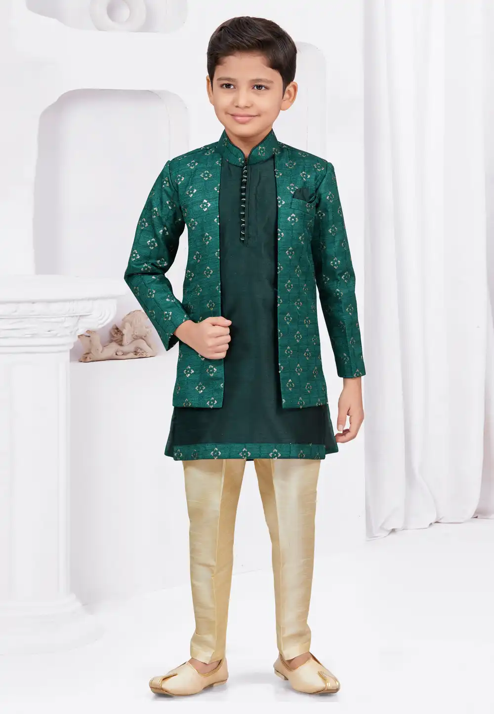 Green Banarasi Silk Kids Indo Western Suit 292987