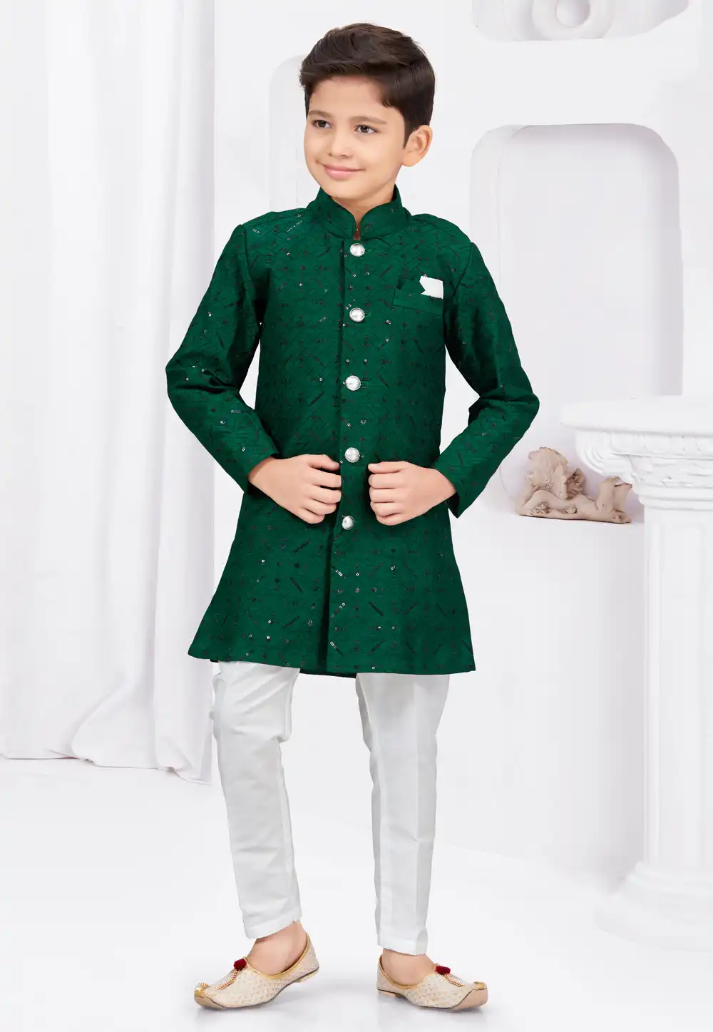 Green Banarasi Silk Kids Indo Western Suit 292997