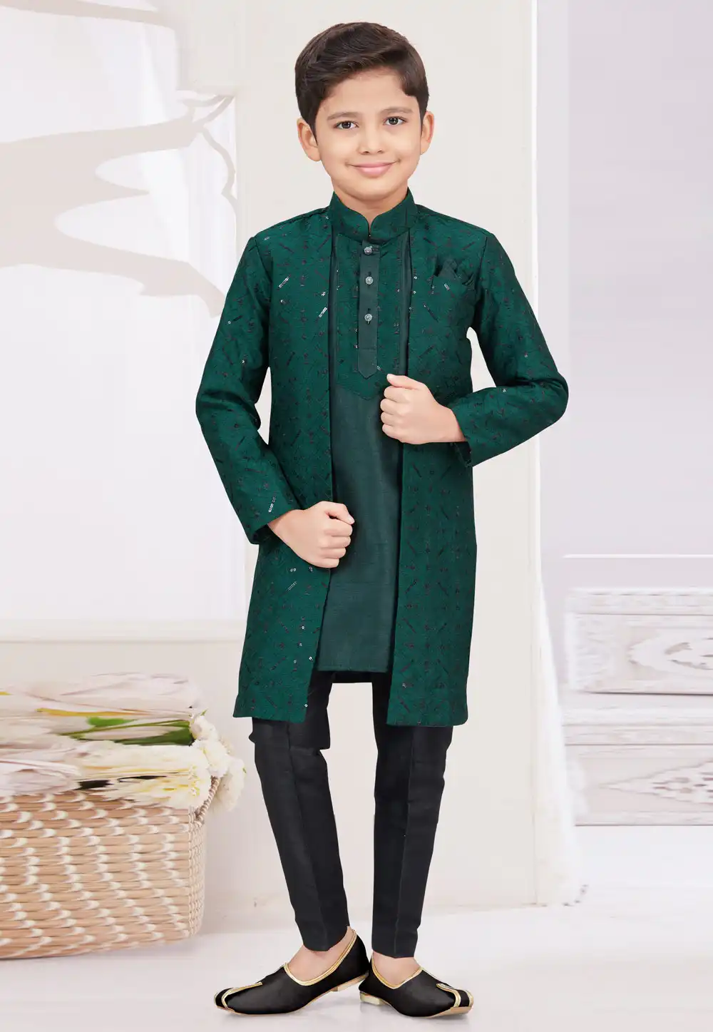 Green Banarasi Silk Kids Indo Western Suit 294944