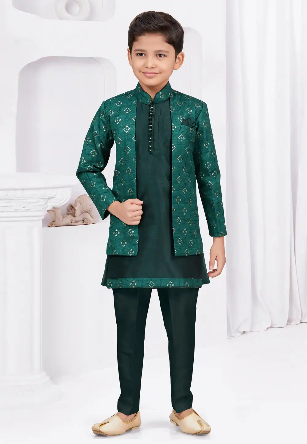 Green Banarasi Silk Kids Indo Western Suit 294966