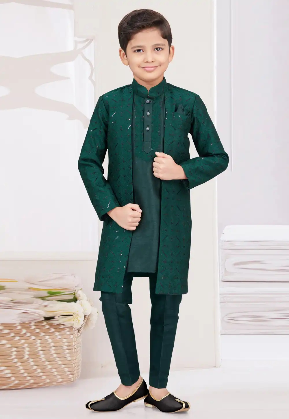 Green Banarasi Silk Kids Indo Western Suit 294971