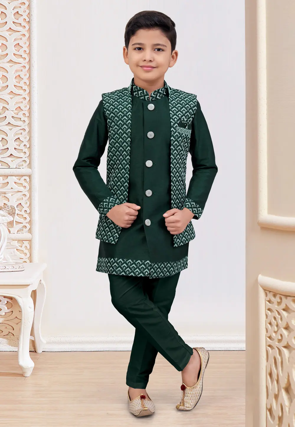 Green Banarasi Silk Kids Indo Western Suit 303804